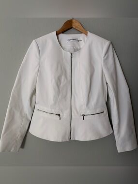 Calvin Klein White Zip Jacket with Silver Zippers Women’s Size 10 Office Wear